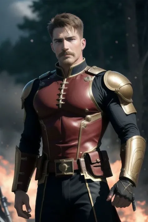 (masterpiece), (best quality, high quality):1.3, a head and full body shot of a very handsome moustache commander hunk dramatically fighting at the battlefield, warzone, very symmetric male head, handsome face, symmetric eyes, crooked nose, long chin, very short hair buzzed at sides, blonde moustache, wearing male trunks, intense war field bokeh background, high res, ultra detailed, very intricate, real life, best dynamic pose, best dynamic angle, male clothes only, very clear, very smooth. (full height, male focus), break, (absurdres, new, newest, exceptional, best male commander fighting aesthetic composition, epic detailed, very original, very dynamic, creative, commander battle war movie scene, cinematic, movie still, cinestill, film still), impressive, best battle scene, capcom, ufotable