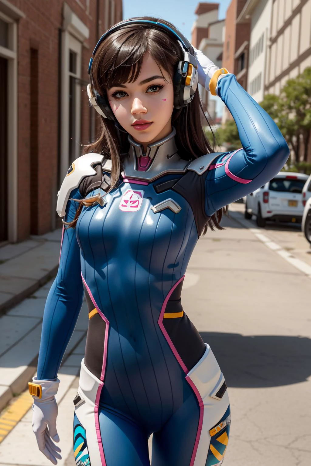 (masterpiece, best quality), intricate details,
1girl, <lora:dva:0.8> 1girl, d.va (overwatch), solo, long hair, whisker markings, bodysuit, brown hair, facial mark, gloves, breasts, brown eyes, pilot suit, cowboy shot, headphones, white gloves, medium breasts, swept bangs, skin tight, animal print, bangs, bunny print, ribbed bodysuit, facepaint, pink lips,