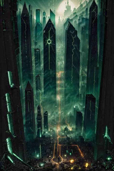 (Screen print:1.3) cinematic aerial view of a sprawling metro-plex city. focused on the shattered garden circle in the middle of the city. Scraggly trees cling to life there, dystopian scifi, ((masterpiece,best quality)), <lora:Necron_Architecture:0.80>, Necron_Architecture, ((electricity)), ((green glow)), (((amber theme:1.3))) <lora:futureurban_XL:0.70> futureurban. <lora:Shadowrun:0.70> cyberpunk, neo-aztec
<lora:great_lighting:2> great lighting, hard shadows <lora:add-detail-xl:0.25> <lora:cine:0.8> cin3 <lora:abycrimviso:1> abycrimviso, acrvi1