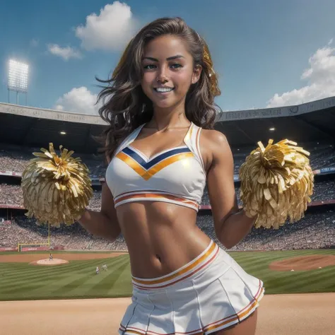 (high resolution:1.1), (8k, RAW photo:1.2), (sharp focus:1.3), (face focus:1.3), full body, (23yo:1.3), (1 very tanned girl wearing detailed white color based cheerleader_costume:1.5), (cheerleader:1.5),(slim face), (very tanned skin:1.4),(cheer dance:1.2), (flowing shine hair:1.3), (happy smile), collar bone, large breasts, scenery, bangs, (clear eyes), (symmetrical eyes), looking into the camera, toned, (cute), (beautiful), from below, (baseball stadium background), <lyco:GoodHands-beta2:1>, <lora:more_details:0.3>, <lora:Elixir:1>
