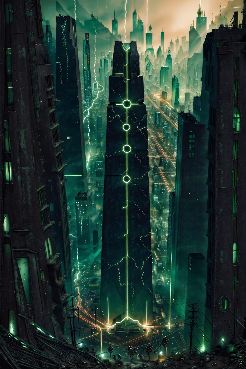 (Screen print:1.3) cinematic aerial view of a sprawling metro-plex city. focused on the shattered garden circle in the middle of the city. Scraggly trees cling to life there, dystopian scifi, ((masterpiece,best quality)), <lora:Necron_Architecture:0.80>, Necron_Architecture, ((electricity)), green glow, amber theme:1.3 <lora:futureurban_XL:0.60> futureurban. <lora:Shadowrun:0.70> cyberpunk, neo-aztec
<lora:great_lighting:2> great lighting, hard shadows <lora:add-detail-xl:0.40> <lora:cine:.70> cin3 <lora:abycrimviso:1> abycrimviso, acrvi1