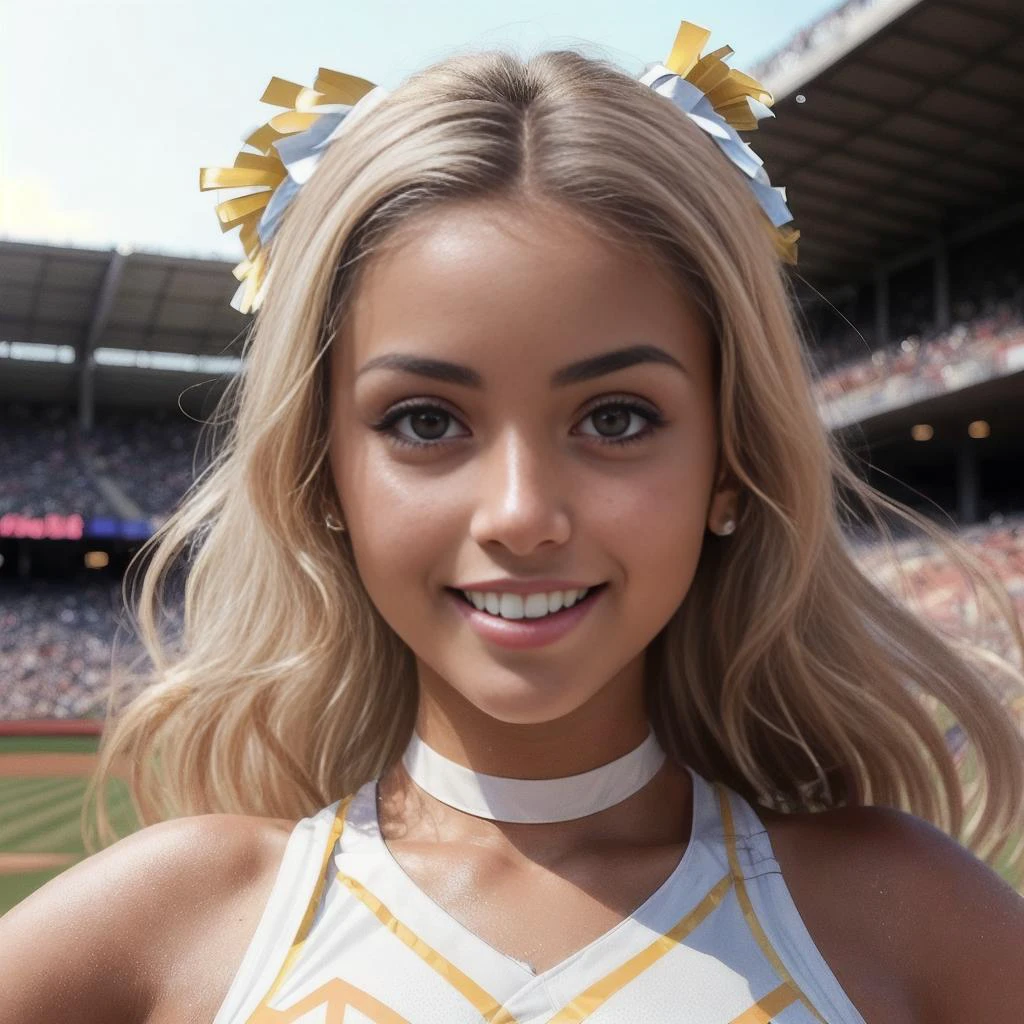 (high resolution:1.1), (8k, RAW photo:1.2), (sharp focus:1.3), (face focus:1.3), full body, (23yo:1.3), (1 very tanned girl wearing detailed white color based cheerleader_costume:1.5), (cheerleader:1.5),(slim face), (very tanned skin:1.4),(cheer dance:1.2), (flowing shine hair:1.3), (happy smile), collar bone, large breasts, scenery, bangs, (clear eyes), (symmetrical eyes), looking into the camera, toned, (cute), (beautiful), from below, (baseball stadium background), <lyco:GoodHands-beta2:1>, <lora:more_details:0.3>, <lora:Elixir:1>