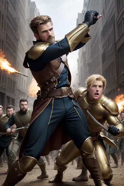 (masterpiece), (best quality, high quality):1.3, a head and full body shot of a very handsome moustache commander hunk dramatically fighting at the battlefield, warzone, very symmetric male head, handsome face, symmetric eyes, crooked nose, long chin, very short hair buzzed at sides, blonde moustache, wearing male trunks, intense war field bokeh background, high res, ultra detailed, very intricate, real life, best dynamic pose, best dynamic angle, male clothes only, very clear, very smooth. (full height, male focus), break, (absurdres, new, newest, exceptional, best male commander fighting aesthetic composition, epic detailed, very original, very dynamic, creative, commander battle war scene, cinematic, moviel, cinestill, film still), impressive, best battle scene, capcom, ufotable