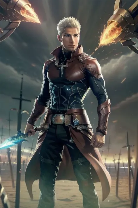 (masterpiece), (high quality, best quality):1.3, male archer releasing rho aias, casting spell, Unlimited Blade Works, best dynamic view, symmetric male head, handsome, 1man, symmetric well drawn male face, very short male white hair spiked buzzed at sides, very symmetric eyes iris pupils, casting spell male pose, male archer clothes with realistic movement, best male anatomy, realistic rho aias shield, fate/series style, insane action, arcane lights, dramatic, cinematic, gravity bending background, fisheye lenses effect, 3d, 3d rendering, cg, cgi, insanely absurdres, high res, real life, ufotable, capcom, new, newest, original, realistic casting rho aias movement, exceptional, epic intricate, best hair, best skin, iridescent, planted, planted sword