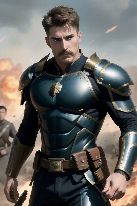 (masterpiece), (best quality, high quality):1.3, a head and full body shot of a very handsome moustache commander hunk dramatically fighting at the battlefield, warzone, very symmetric male head, handsome face, symmetric eyes, crooked nose, long chin, very short hair buzzed at sides, blonde moustache,  wearing male trunks, intense war field bokeh background,  high res, ultra detailed, very intricate, real life, best dynamic pose, best dynamic angle, male clothes only, very clear, very smooth. (full height, male focus), break, (absurdres, new, newest, exceptional, best male commander fighting aesthetic composition, epic detailed, very original,  very dynamic, creative, commander battle war movie scene, cinematic, movie still, cinestill, film still), impressive, best battle scene, capcom, ufotable