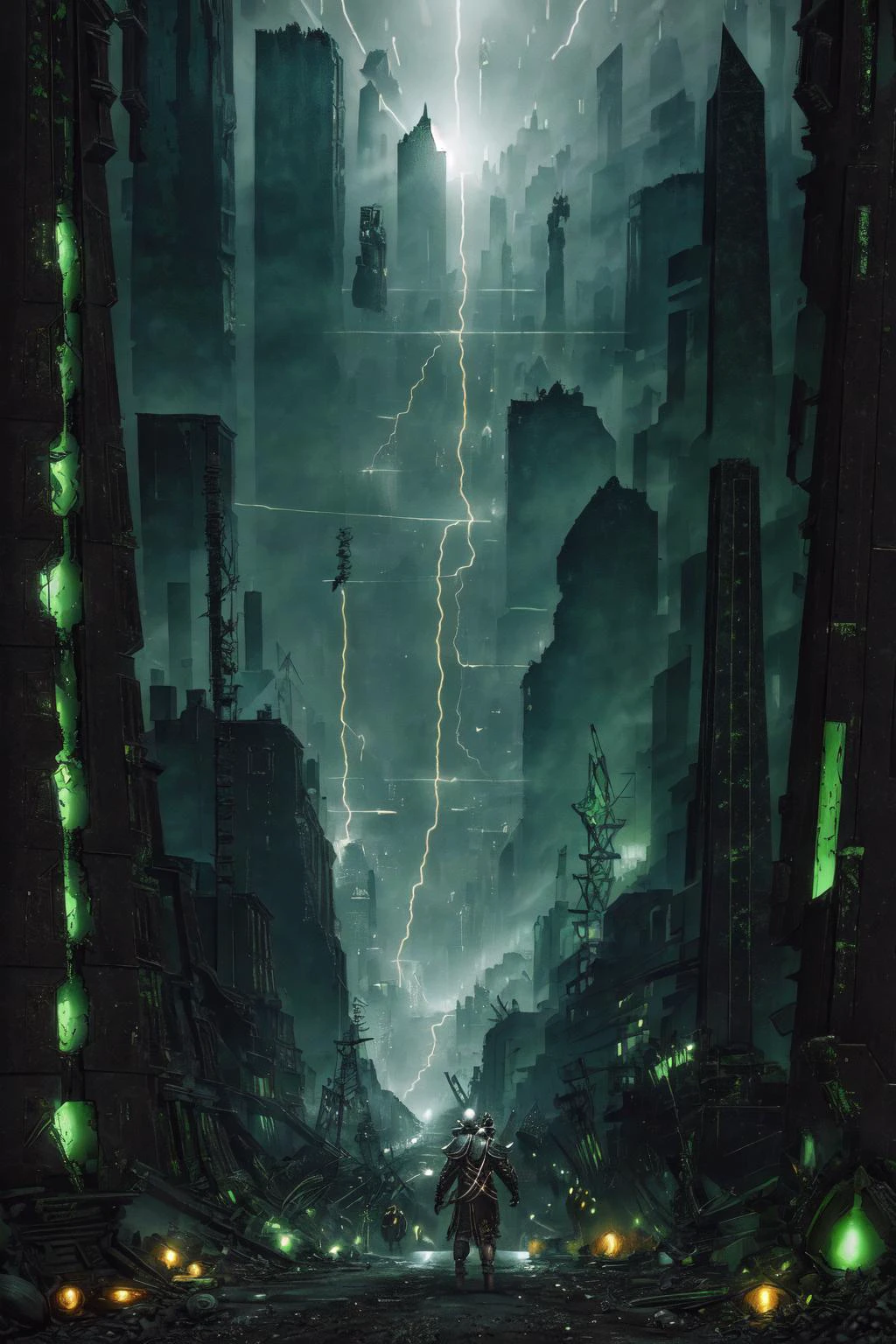 (Screen print:1.3) cinematic aerial view of a sprawling metro-plex city. focused on the shattered garden circle in the middle of the city. Scraggly trees cling to life there, dystopian scifi, ((masterpiece,best quality)), <lora:Necron_Architecture:0.80>, Necron_Architecture, ((electricity)), ((green glow)), (((amber theme:1.3))) <lora:futureurban_XL:0.70> futureurban. <lora:Shadowrun:0.70> cyberpunk, neo-aztec
<lora:great_lighting:2> great lighting, hard shadows <lora:add-detail-xl:0.25> <lora:cine:0.8> cin3 <lora:abycrimviso:1> abycrimviso, acrvi1