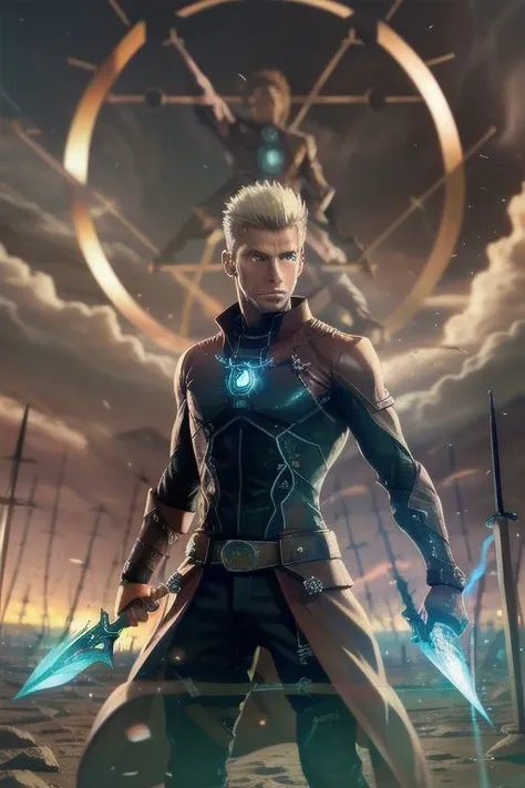 (masterpiece), (high quality, best quality):1.3, male archer releasing rho aias, casting spell, Unlimited Blade Works, best dynamic view, symmetric male head, handsome, 1man, symmetric well drawn male face, very short male white hair spiked buzzed at sides, very symmetric eyes iris pupils, casting spell male pose, male archer clothes with realistic movement, best male anatomy, realistic rho aias shield, fate/series style, insane action, arcane lights, dramatic, cinematic, gravity bending background, fisheye lenses effect, 3d, 3d rendering, cg, cgi, insanely absurdres, high res, real life, ufotable, capcom, new, newest, original, realistic casting rho aias movement, exceptional, epic intricate, best hair, best skin, iridescent, planted, planted sword