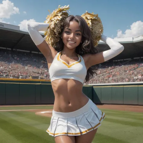 (high resolution:1.1), (8k, RAW photo:1.2), (sharp focus:1.3), (face focus:1.3), full body, (23yo:1.3), (1 very tanned girl wearing detailed white color based cheerleader_costume:1.5), (cheerleader:1.5),(slim face), (very tanned skin:1.4),(cheer dance:1.2), (flowing shine hair:1.3), (happy smile), collar bone, large breasts, scenery, bangs, (clear eyes), (symmetrical eyes), looking into the camera, toned, (cute), (beautiful), from below, (baseball stadium background), <lyco:GoodHands-beta2:1>, <lora:more_details:0.3>, <lora:Elixir:1>