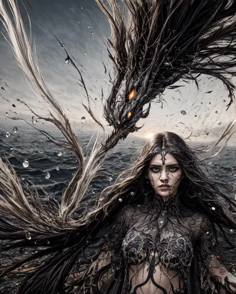 official art,unity 8k wallpaper,ultra detailed,beautiful and aesthetic,best quality,masterpiece,fantastic realism,a beautiful young oriental woman with long flowy hair ruled by the dark powers of the underworld wearing wearing fantasy attire surounded by magical energy and water streaks swirling around her,grotesque malevolent demonic entity engraved into the details of the background,death stare,hair in the air,dynamic angle,(tangle, entangle),atmospheric,ecstasy of life,extremely detailed,raindrops,storming,lightning,water swirling in the air,turbulence,wind,motion blur,elements in the picture moving at high speed,disturbance,<lora:add_detail>,<lora:epiNoiseoffset_v2-pynoise:3>,(zoomed out:2),full body shot,