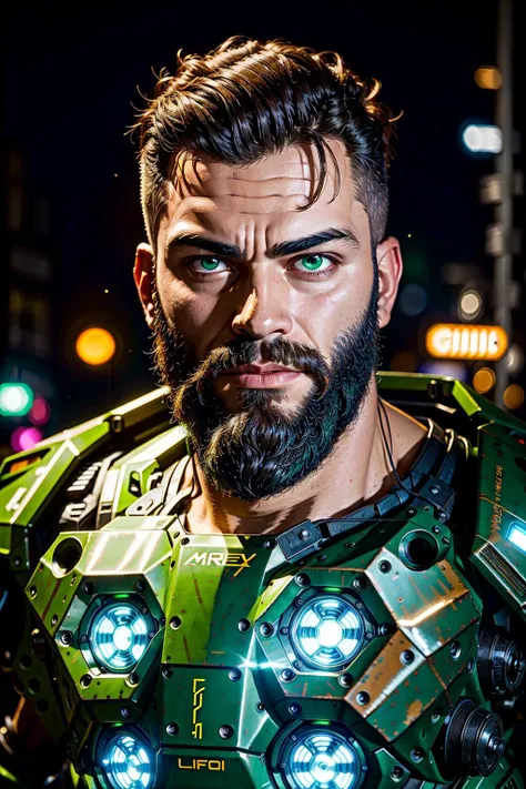 portrait photo of muscular bearded guy in a worn mech suit, surrounded by an electric atmosphere and illuminated with a green neon glow, chest lights, blinkenlights, (light bokeh)++, intricate, (steel metal (rust)-)+, elegant, sharp focus, photo by greg rutkowski, soft lighting, vibrant colors, (masterpiece)+, (streets)++, (detailed face)+, futuristic, hightech, scifi <lora:Elixir:1>