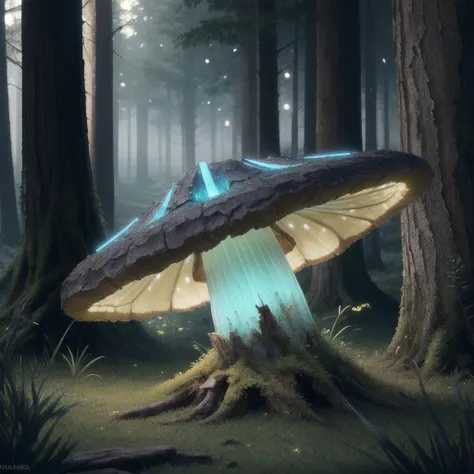 A sharp focus photo of a giant detailed bioluminescence mushroom, up close, (extremely detailed:1.3), Fantasy, octane render, zbrush. Character design, photorealistic, unreal engine, hyper-detailed, concept art, trending on art station. ((best quality)), ((masterpiece)), ((realistic)), (detailed), dark forest, (fantasy forest background illustration:1.1), style-swampmagic, style-nebmagic <lora:Elixir:1> <lyco:locon_perfecteyes_v1_from_v1_64_32:1.0>