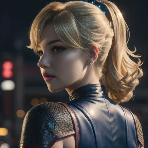 Up close portrait of Princess Peach wearing a pink leather bodysuit, sexy, from behind, blonde hair in ponytail, night time rain, cyberpunk city, bright blue eyes, detailed crown, ((best quality)), intricate detailing, radiant, ethereal glow, luminous, Cinematic, Filmic, medium shot, 4k, Front-light, Cinematic Lighting,<lora:Elixir:1> <lyco:locon_perfecteyes_v1_from_v1_64_32:1.0>