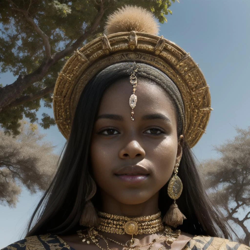 Up close Portrait, photograph, of a mature (king:0.7) with a commanding presence, wearing an elaborate headdress, penetrating amber eyes, closely cropped black hair, solo, sitting underneath a baobab tree,, intricate background, proud face, (African savannah theme:1.1), African art, 4k, 8k, absurdres, extreme quality, intricate skin details <lora:Elixir:1> <lyco:locon_perfecteyes_v1_from_v1_64_32:1.0>