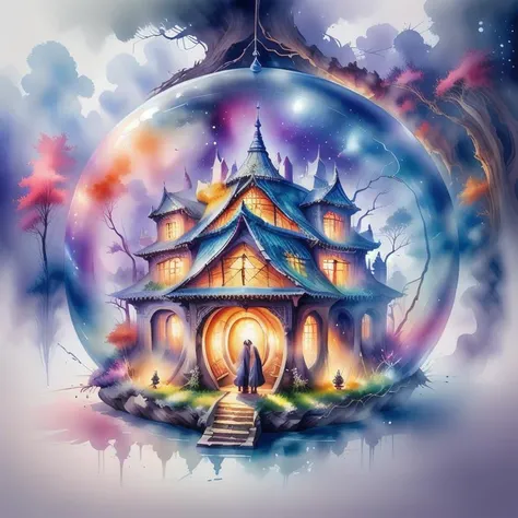 Inspired By tolkien,neon modern transparent hobbit house floating island,amazing quality,masterpiece,best quality,hyper detailed,ultra detailed,UHD,dof,hyper-realism,majestic,awesome,inspiring,a small floating Island: Capture the breathtaking expanse of an immense floating island adorned with transparent translucent Glass foliage,its vines cascading down to the ground below. Rising majestically from the lush glass jungle that envelops an enchanted translucent green round design plastic mansion Adorned with a large Observation Installation. A translucent Fantasy prison designed By franco fontana,transcending into the black ethereal clouds. Infront of a colorful mystical translucent black eerie Galaxy nebula,cinematic composition,soft shadows,national geographic style,cozy light,cinematic lighting,volumetric lighting,Film grain,cinematic film still,shallow depth of field,highly detailed,
,<lora:5WaterColorful-000003:1>