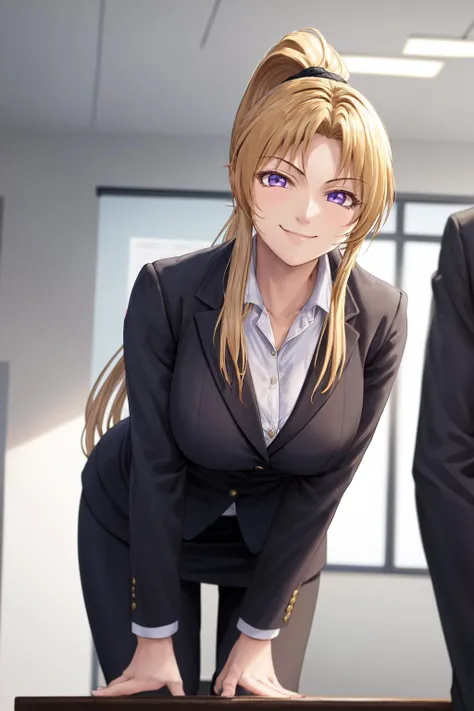 (Highest quality, Very detailed, Anime Images, Game CG, art CG, Realistic, Cinema Lighting, Perfect Shadow, Realistic lighting shading, Unity8k wallpaper), OL,Office Lady Costume, Office lady suit,Black Pantyhose,Black knee high sock, Big Breasts, Long Hair, Mature Woman, (Blonde), Perfect Eyes, Perfect Face, Earrings, (Purple garter belt: 1.1), Vulgar blush, nose, Watch Viewer, Sexy pose,In the office,Tabletop
