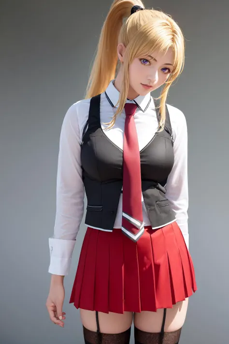 Masterpiece, Best Quality, Super Detailed, Beautiful Detailed Face, Intricate Details, Flat Color, Depth of Field, Outline, Overall View, Camera Away, Girl, Teen, Anime, Standing, Full-Length, Girl Visible Full-Length, Wide Stance, Legs Wider Than Shoulders, Arms at the Waist, Hands on the Belt, Elbows to the Sides, Fighting Stance, (Village:1), Nature, (Blonde:1.6), (Twintails:1.5), Red Pleated Mini Skirt, red skirt, white shirt, white shirt, unbuttoned top buttons, unbuttoned shirt, white blouse, (without bra:1.1), plunging neckline, black tights, detailed leather texture, detailed fabric texture, huge breasts, (blue eyes:1,1), (ruddy:1), dissatisfied, (angry:1.5), furious, frowned