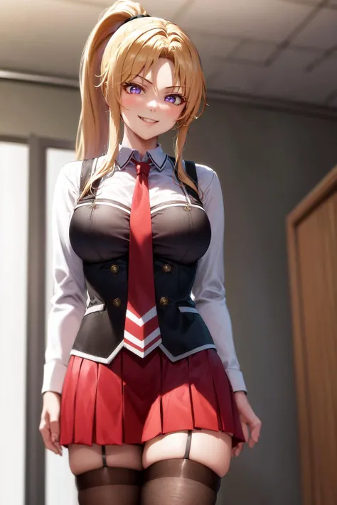 masterpiece, best quality, highres, 1girl kaori saeki parted bangs high ponytail, school uniform spaghetti strap black vest red necktie red skirt black thighhighs <lora:kaori_saeki:1> standing, evil smile