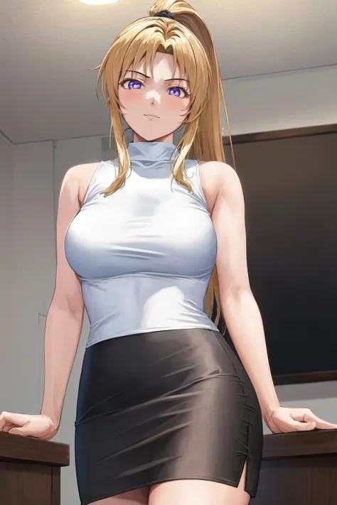 masterpiece, best quality, highres, 1girl kaori saeki, white sleeveless turtleneck black pencil skirt <lora:kaori_saeki:1>
