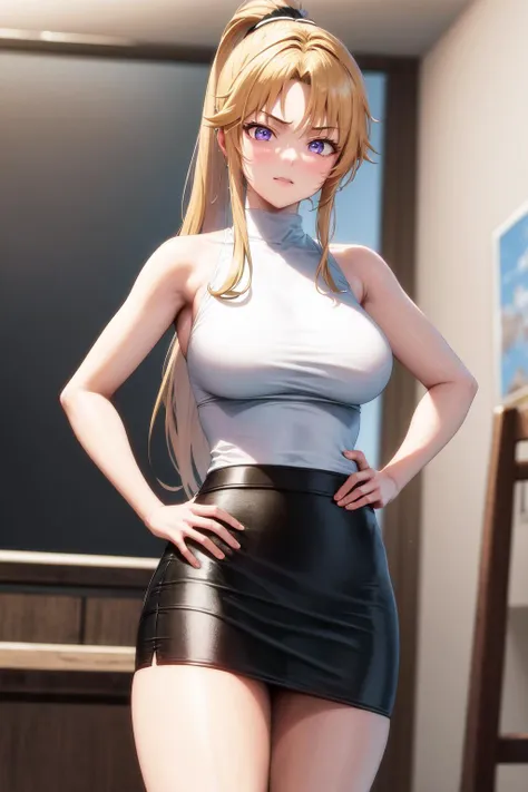 masterpiece, best quality, highres, 1girl kaori saeki, white sleeveless turtleneck black pencil skirt <lora:kaori_saeki:1> hand on hip