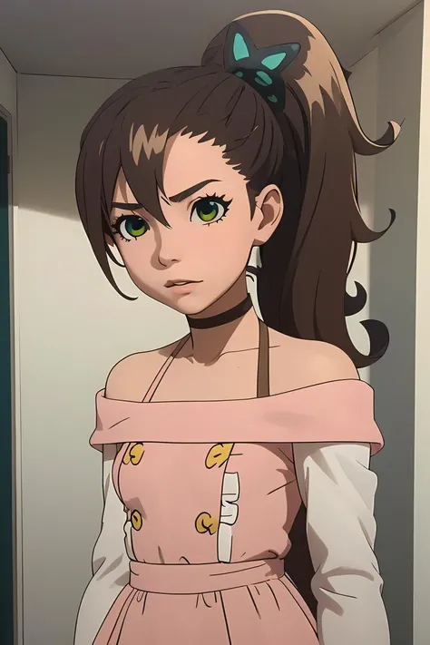 (masterpiece, best quality), 1girl, <lora:rinneinaba:1> side tail hair, brown hair, green and yellow eyes, butterfly hairclip, choker, pink dress, white sleeves, yellow shorts, single striped thigh high sock, red armband