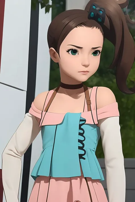 (masterpiece, best quality), 1girl, <lora:rinneinaba:1> side tail hair, brown hair, green and yellow eyes, butterfly hairclip, choker, pink dress, white sleeves, yellow shorts, single striped thigh high sock, red armband