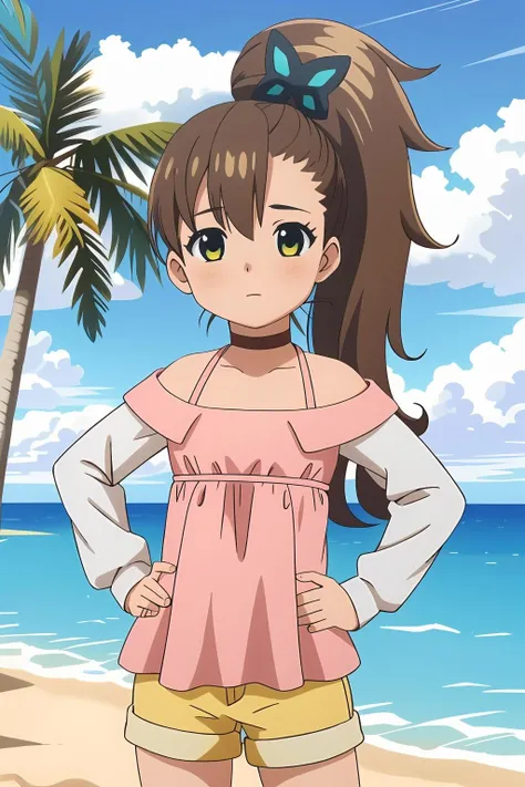 1girl, side tail hair, brown hair, green and yellow eyes, butterfly hairclip, choker, pink dress, white sleeves, yellow (shorts:1.08), daytime, sunlight, (beach background:1.2), hands on hips, :c, blush, looking at viewer, from front, <lora:rinneinaba:0.8>, beautiful character design, perfect eyes, perfect face, expressive eyes, perfect balance,
official art, extremely detailed CG unity 8k wallpaper, perfect lighting, Colorful, Bright_Front_face_Lighting, (masterpiece:1.0),(best_quality:1.0), ultra high res,4K,ultra-detailed, photography, 8K, HDR, highres, absurdres:1.2, Kodak portra 400, film grain, blurry background, professional photograph, 
<lora:more_details:0.1>