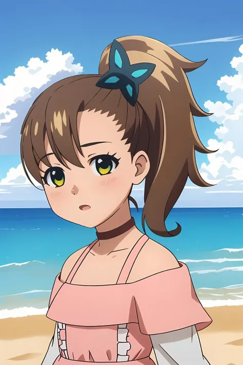 1girl, side tail hair, brown hair, green and yellow eyes, butterfly hairclip, choker, pink dress, white sleeves, yellow shorts, daytime, sunlight, (beach background:1.2), :o, blush, looking at viewer, from front, <lora:rinneinaba:0.8>, beautiful character design, perfect eyes, perfect face, expressive eyes, perfect balance,
official art, extremely detailed CG unity 8k wallpaper, perfect lighting, Colorful, Bright_Front_face_Lighting, (masterpiece:1.0),(best_quality:1.0), ultra high res,4K,ultra-detailed, photography, 8K, HDR, highres, absurdres:1.2, Kodak portra 400, film grain, blurry background, professional photograph, 
<lora:more_details:0.1>