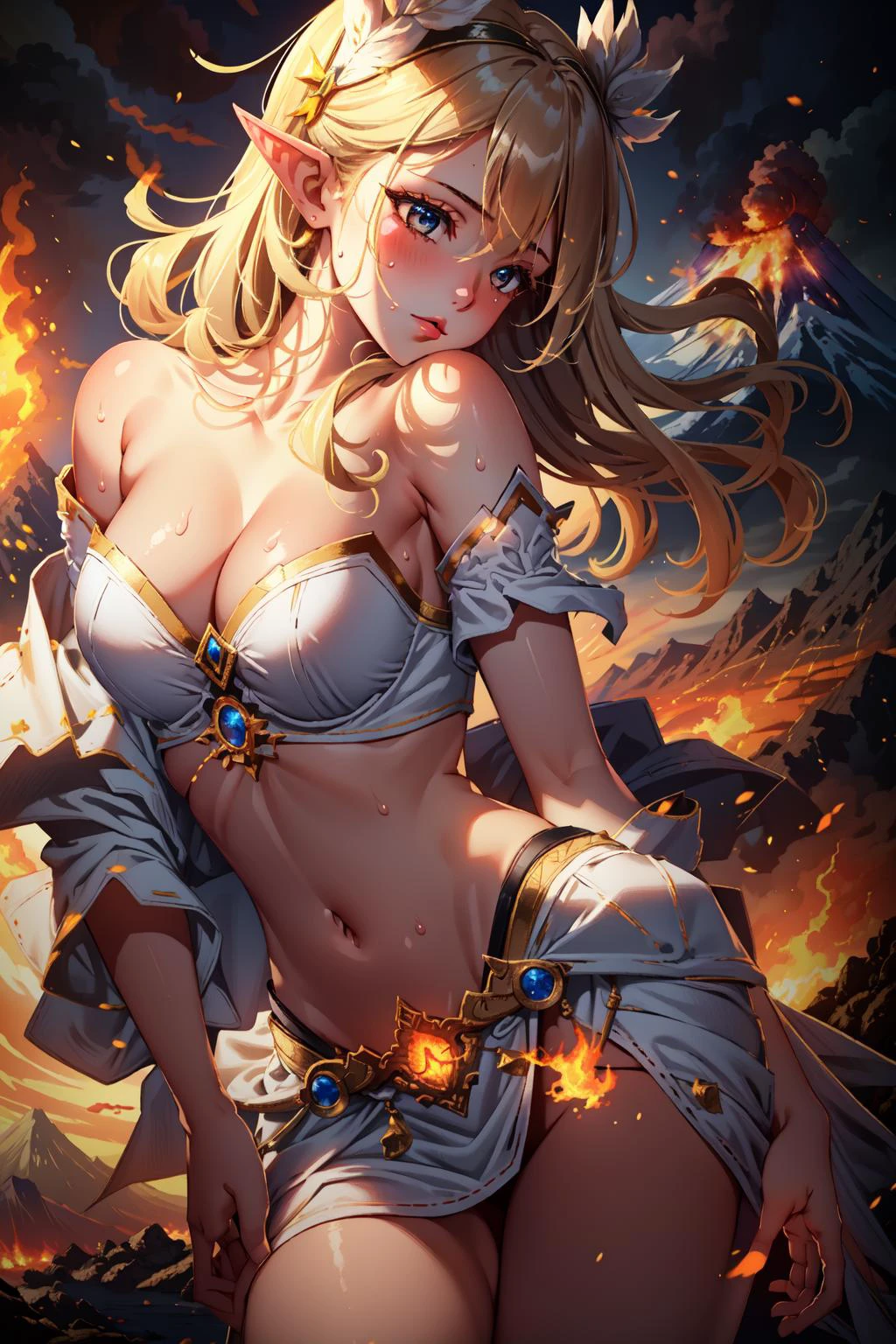 (masterpiece, best quality), intricate details,
1girl, <lora:janna:0.8> janna, pointed ears, sweating, boob sweat,
white dress, pelvic curtain, groin,
<lora:volcano:0.8> fire, mountain, volcano in background, dark sky, smoke, wind,