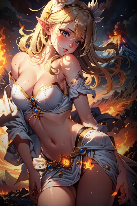 (masterpiece, best quality),  intricate details,
1girl,  <lora:janna:0.8> janna, pointed ears, sweating, boob sweat, 
white dress, pelvic curtain, groin, 
 <lora:volcano:0.8> fire, mountain,  volcano in background, dark sky, smoke,  wind,