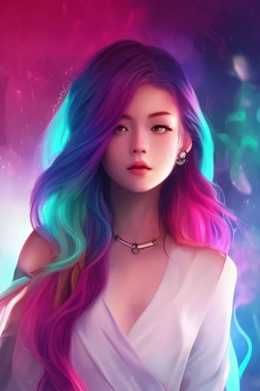 digital illustration style, book cover, incredibly detailed, 1girl, rainbow hair, kimono, summer time, heterochromia, looking_at_viewer, short_hair, solo, foggy future cinematic lighting, wlop, art by artgerm, anidzk2