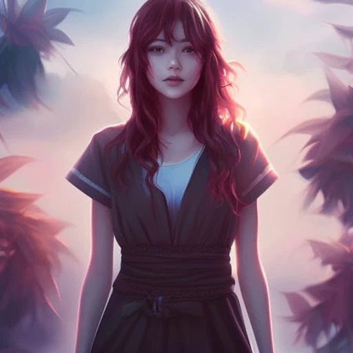 digital illustration style, 1girl, bangs, kimono, summer time, heterochromia, looking_at_viewer, short_hair, solo, foggy future cinematic lighting, wlop, art by artgerm, anidzk2