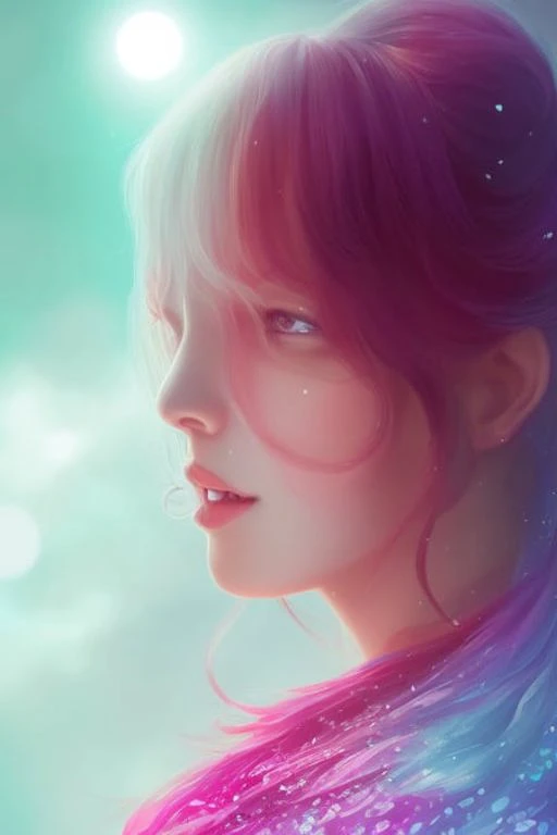 digital illustration style, book cover, incredibly detailed, 1girl, rainbow hair, kimono, summer time, heterochromia, looking_at_viewer, short_hair, solo, foggy future cinematic lighting, wlop, art by artgerm, anidzk2