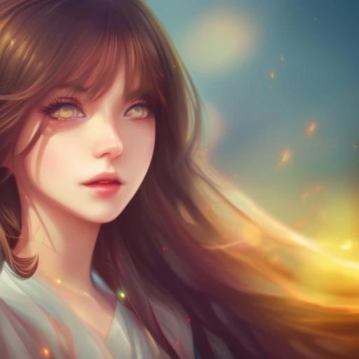 digital illustration style, 1girl, bangs, kimono, summer time, heterochromia, looking_at_viewer, short_hair, solo, foggy future cinematic lighting, wlop, art by artgerm, anidzk2