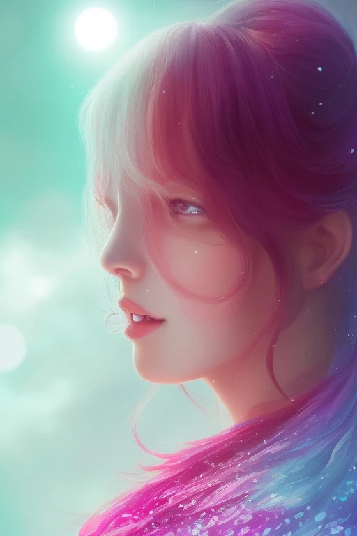 digital illustration style, book cover, incredibly detailed, 1girl, rainbow hair, kimono, summer time, heterochromia, looking_at_viewer, short_hair, solo, foggy future cinematic lighting, wlop, art by artgerm, anidzk2