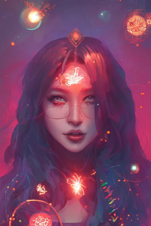 tarot card style, digital illustration, comic book cover, 1girl,aurora, wearing a kimono, rainbow_hair, constellation, crescent_moon, crown, dust, embers, ferris_wheel,solo, foggy future cinematic lighting, wlop, art by artgerm, anidzk2