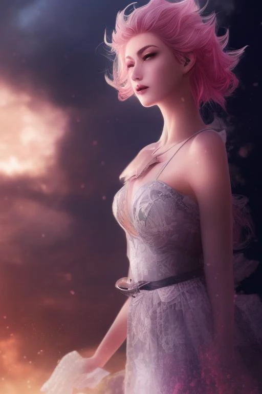digital illustration style, book cover, incredibly detailed, 1girl, rainbow hair, kimono, summer time, heterochromia, looking_at_viewer, short_hair, solo, foggy future cinematic lighting, wlop, art by artgerm, anidzk2