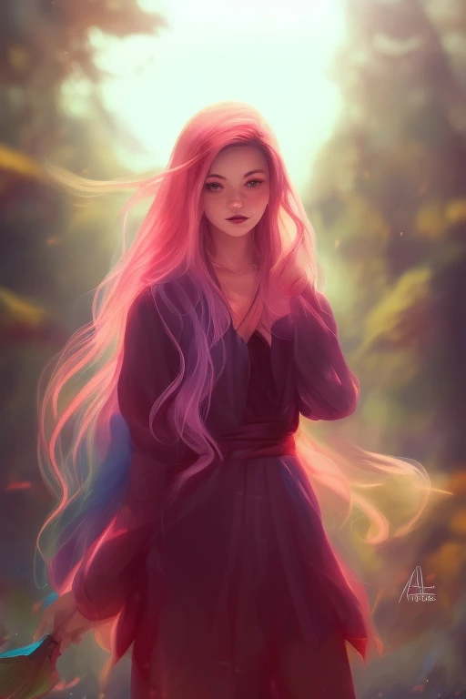 digital illustration style, book cover, incredibly detailed, 1girl, rainbow hair, kimono, summer time, heterochromia, looking_at_viewer, short_hair, solo, foggy future cinematic lighting, wlop, art by artgerm, anidzk2
