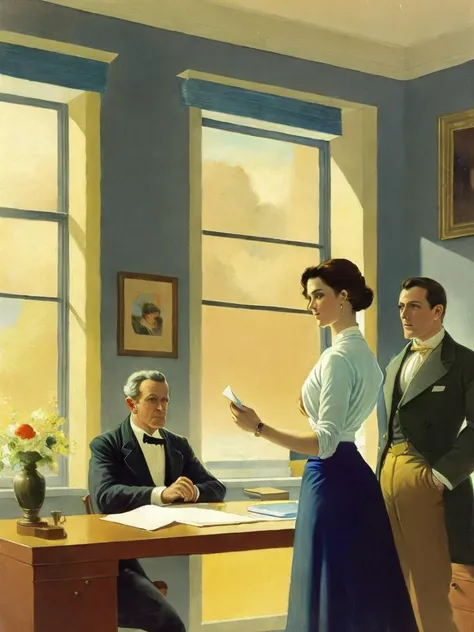 <lora:N.C.Wyeth:1>a painting of a woman standing over a man sitting at a desk in front of a window by N.C. Wyeth