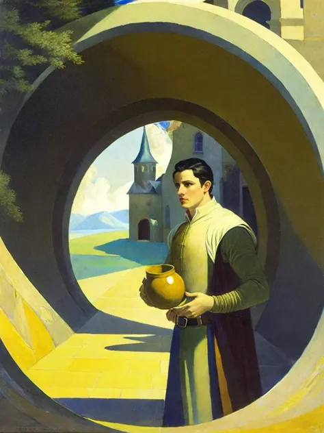 <lora:N.C.Wyeth:1>a painting of a man holding a pot in a tunnel with a castle in the background by N.C. Wyeth