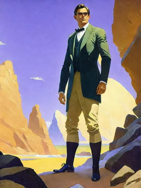 <lora:N.C.Wyeth:1>a painting of a man standing in the middle of a rocky area next to a giant rock by N.C. Wyeth