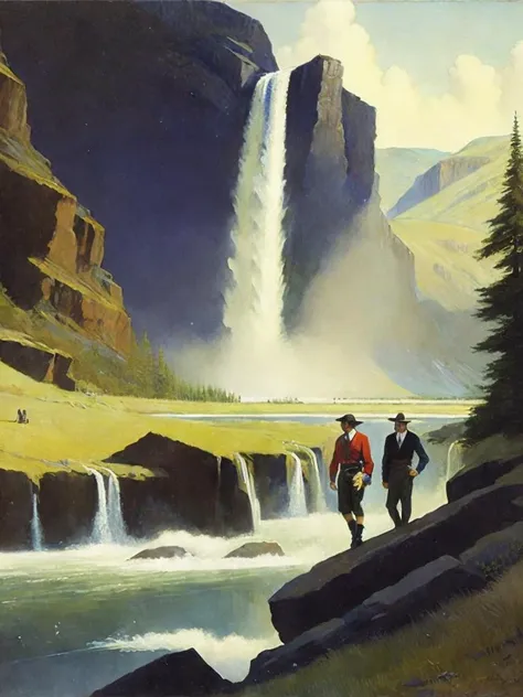 <lora:N.C.Wyeth:1>a painting of two men walking through a river with a waterfall in the background by N.C. Wyeth