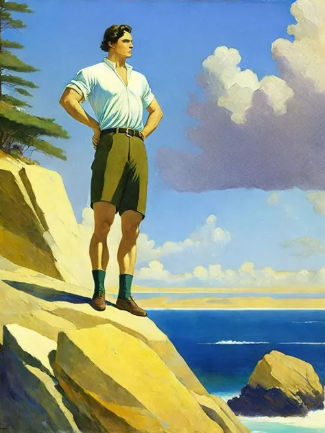 <lora:N.C.Wyeth:1>a painting of a man standing on a rock by the ocean with his hands on his hips by N.C. Wyeth