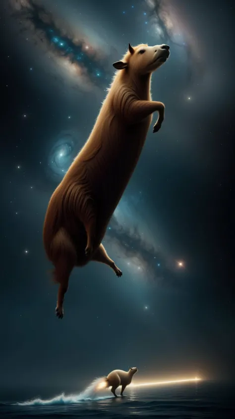 <lora:ElementWater:0.7>ElementWater a white capybara cruising the milky way, beautiful, agile, myth, legend, trending on artstation, light effects, kilian eng, john harris, bastien lecouffe - deharme, nature inspired, water, wet, drops, (Masterpiece:1.3) (best quality:1.2) (high quality:1.1)