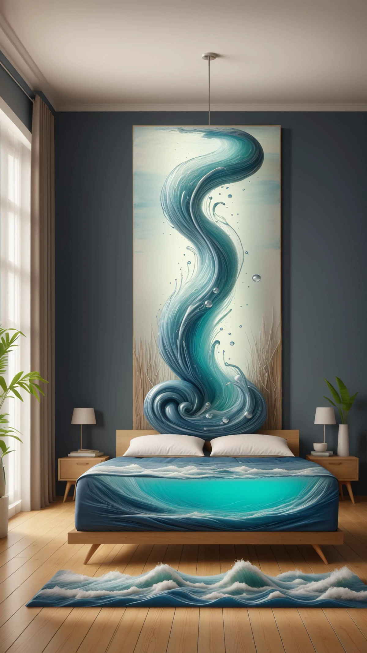 <lora:ElementWater:0.9>ElementWater bed, nature inspired, water, wet, drops, (Masterpiece:1.3) (best quality:1.2) (high quality:1.1)