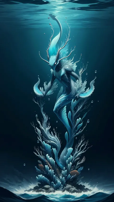 <lora:ElementWater:0.9>ElementWater magical creature of the deep sea, nature inspired, water, wet, drops, (Masterpiece:1.3) (best quality:1.2) (high quality:1.1)
