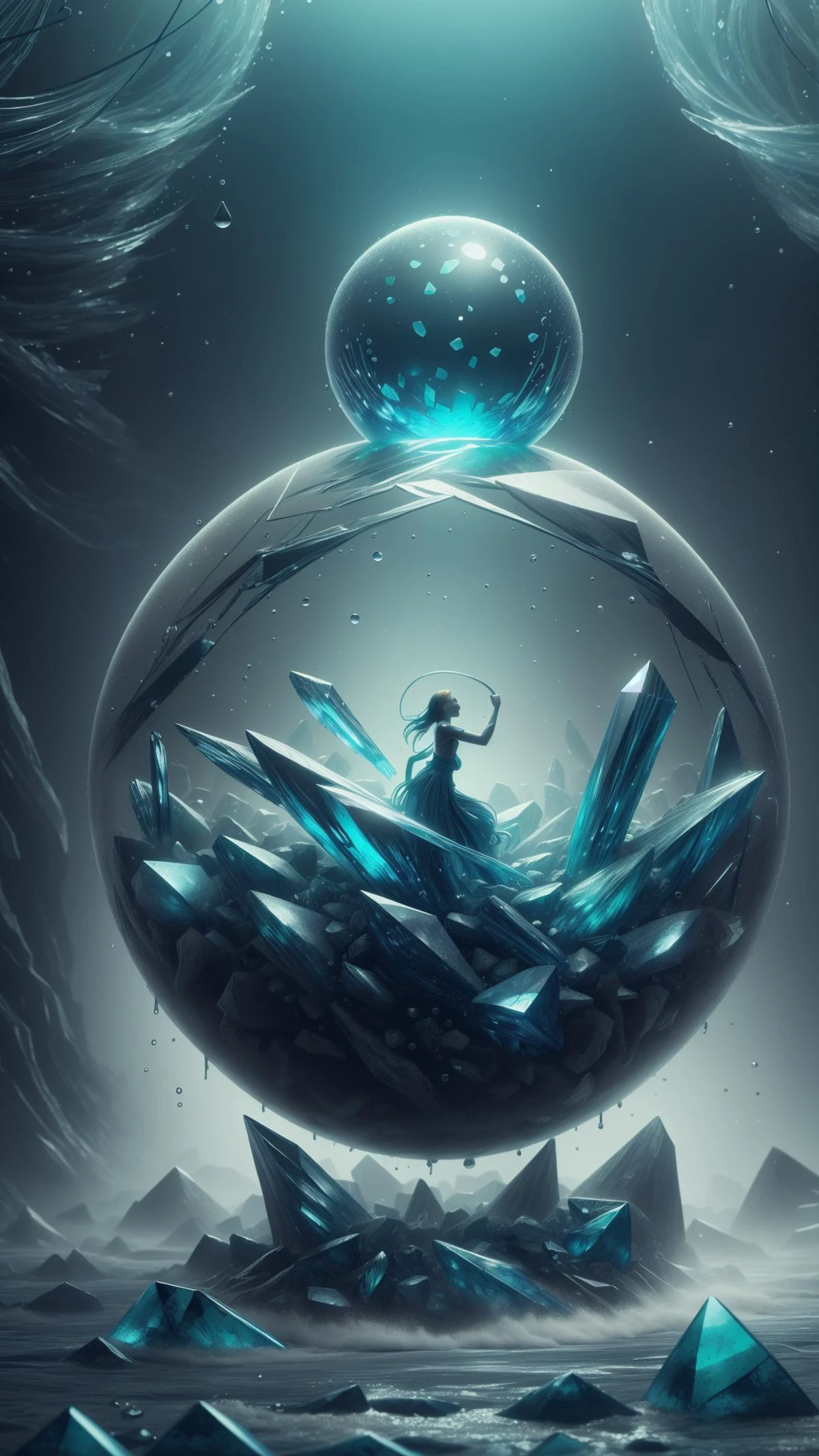 <lora:ElementWater:1.0>ElementWater Fantasy digital painting of a shattered crystal ball revealing a chaotic scene inside, swirling colors, magical energy, fractured oracle sphere, destiny, fate, magical prophecy, shimmering, glowing, intricate details, vibrant colors, dramatic lighting, high contrast, detailed environment, mystical atmosphere, crystal shards, golden trim, glittering, detailed reflections, artstation, concept art, illustration, wallpaper, splash art, promo art, nature inspired, water, wet, drops, (Masterpiece:1.3) (best quality:1.2) (high quality:1.1)