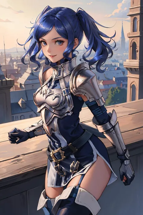 <lora:Cynthia:0.8> cynthia, twintails, thighhighs, armor, short dress, boots, thigh boots, dress, elbow gloves, zettai ryouiki, breastplate, shoulder armor, belt, garter straps, blue hair
masterpiece, best quality, absurdres, castle garden, smile, looking at viewer, upper body, dramatic pose