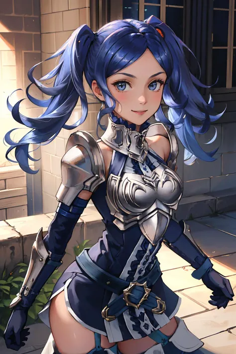 masterpiece, best quality, rosado, otoko no ko, armor, cone hair bun, black gloves, purple skirt, pink leggings, upper body, portrait, smile, castle exterior, hedges, looking at viewer  <lyco:rosado-nvwls-v1-000010:0.9>