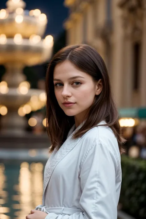 photo of (mbeno1st:0.99), a woman, perfect hair, award-winning photo, sfw, wearing (robe), (A charming Italian piazza with a trickling fountain), 70mm, f/8, ((auto focus, color, DOF, Aperture, 8k uhd, dslr, cinematic lighting, insanely detailed and intricate, photographed by a Nikon Z7 II Camera, character, hypermaximalist), (looking at viewer:1.3), appealing, attractive, amative, perfect skin, (detailed background), hyper realistic, super detailed), (DOF, blurry background, bokeh), epiCPhoto, <lora:add_detail:0.5>
