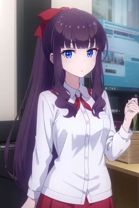 hifumitakemoto, <lora:hifumi takemoto s2-lora-nochekaiser:1>,
hifumi takemoto, long hair, bangs, blue eyes, bow, ponytail, purple hair, hair bow,
BREAK skirt, shirt, thighhighs, white shirt, black thighhighs, red skirt,
BREAK indoors, office,
BREAK looking at viewer, (cowboy shot:1.5),
BREAK <lyco:GoodHands-beta2:1>, (masterpiece:1.2), best quality, high resolution, unity 8k wallpaper, (illustration:0.8), (beautiful detailed eyes:1.6), extremely detailed face, perfect lighting, extremely detailed CG, (perfect hands, perfect anatomy),